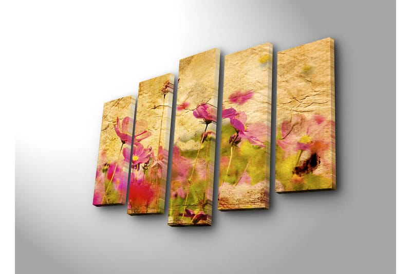 Suuri canvas-taulu 5 osasta 105x70 cm - Värikäs kukkaniitty vaaleanpunaisilla kukilla - Vaaleanpunainen / Keltainen / Vihreä - Sisustustuotteet - Taulu & taide - Canvas-taulu