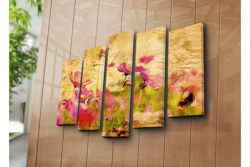 Suuri canvas-taulu 5 osasta 105x70 cm - Värikäs kukkaniitty vaaleanpunaisilla kukilla - Vaaleanpunainen / Keltainen / Vihreä - Sisustustuotteet - Taulu & taide - Canvas-taulu