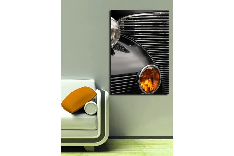Suuri canvas-taulu 70x100 cm - Yksityiskohtainen lähikuva klassikkoauton keulasta - Musta / Kromi / Oranssi - Sisustustuotteet - Taulu & taide - Canvas-taulu