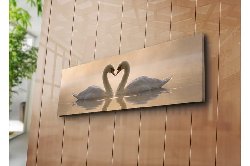 Suuri canvas-taulu 90x30 cm - Kaksi joutsenta muodostaa sydämen kaulillaan - Valkoinen / Beige - Sisustustuotteet - Taulu & taide - Canvas-taulu