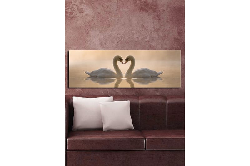 Suuri canvas-taulu 90x30 cm - Kaksi joutsenta muodostaa sydämen kaulillaan - Valkoinen / Beige - Sisustustuotteet - Taulu & taide - Canvas-taulu
