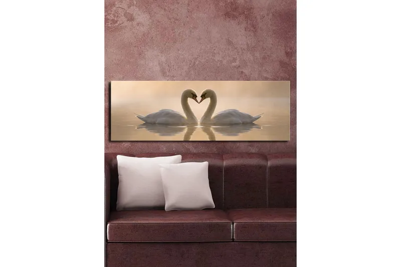 Suuri canvas-taulu 90x30 cm - Kaksi joutsenta muodostaa sydämen kaulillaan - Valkoinen / Beige - Sisustustuotteet - Taulu & taide - Canvas-taulu
