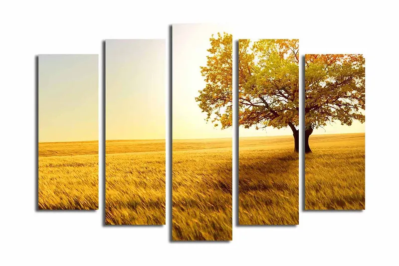 Suuri canvas-taulu viidessä osassa 105x70 cm - Majesteettinen tammi kultaisilla niityillä, Kulta / Oranssi / Vihreä