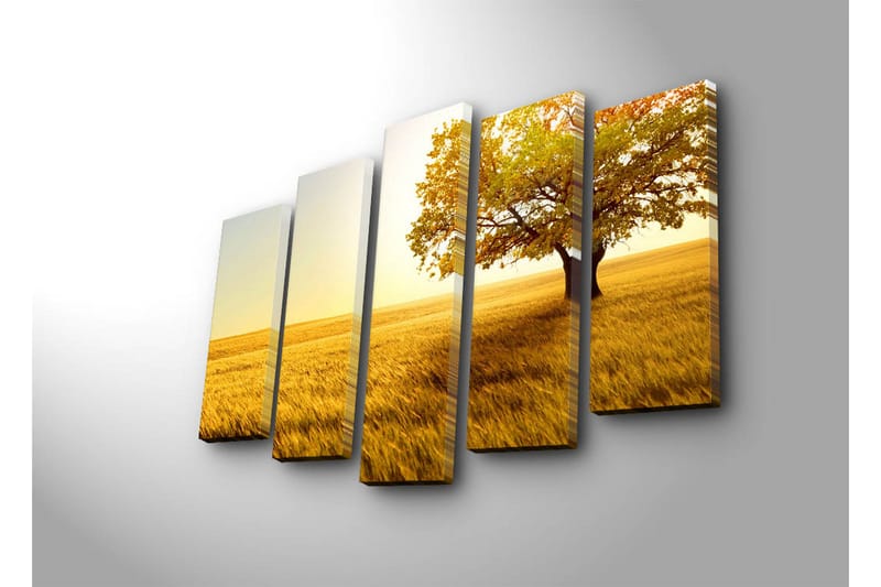 Suuri canvas-taulu viidessä osassa 105x70 cm - Majesteettinen tammi kultaisilla niityillä - Kulta / Oranssi / Vihreä - Sisustustuotteet - Taulu & taide - Canvas-taulu