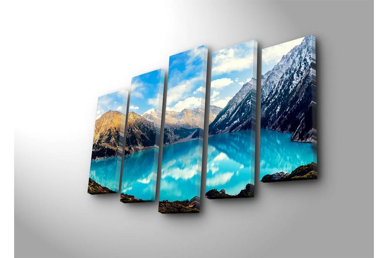 Suuri canvas-taulu viidessä osassa 105x70 cm - Upea vuorijärvi majesteettisten vuorenhuippujen ympäröimänä - Turkoosi / Ruskea / Valkoinen - Sisustustuotteet - Taulu & taide - Canvas-taulu