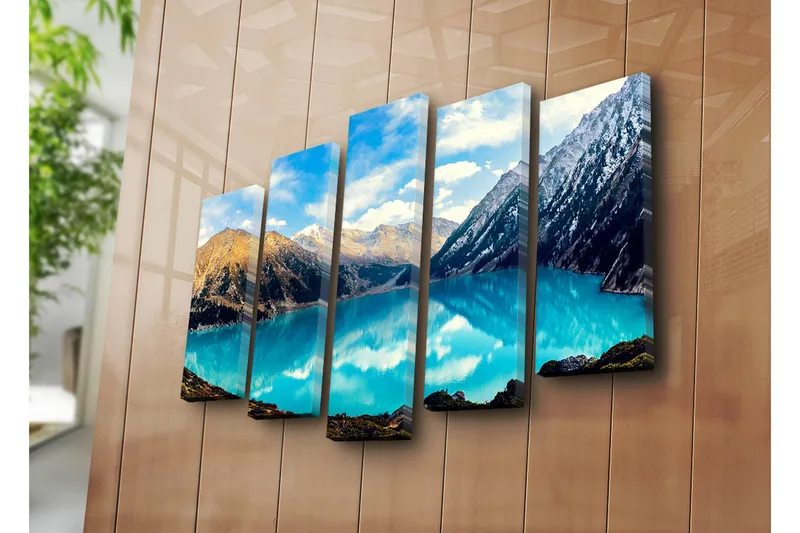 Suuri canvas-taulu viidessä osassa 105x70 cm - Upea vuorijärvi majesteettisten vuorenhuippujen ympäröimänä - Turkoosi / Ruskea / Valkoinen - Sisustustuotteet - Taulu & taide - Canvas-taulu