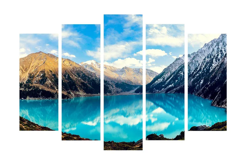 Suuri canvas-taulu viidessä osassa 105x70 cm - Upea vuorijärvi majesteettisten vuorenhuippujen ympäröimänä, Turkoosi / Ruskea / Valkoinen