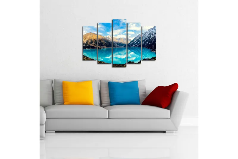 Suuri canvas-taulu viidessä osassa 105x70 cm - Upea vuorijärvi majesteettisten vuorenhuippujen ympäröimänä - Turkoosi / Ruskea / Valkoinen - Sisustustuotteet - Taulu & taide - Canvas-taulu
