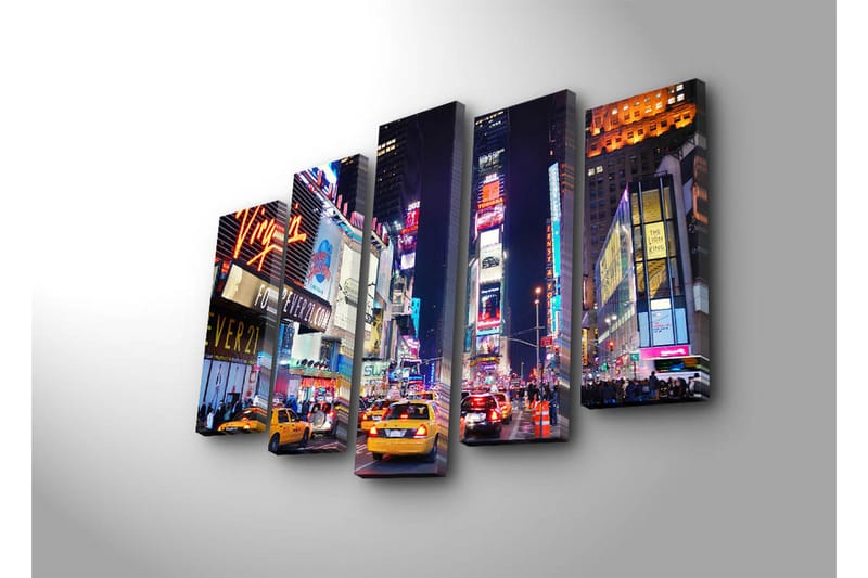Suuri canvas-taulu viidessä osassa 105x70 cm - Vilkas Times Squaren kaupunkikuva neonvaloilla ja liikenteellä - Keltainen / Sininen / Punainen - Sisustustuotteet - Taulu & taide - Canvas-taulu