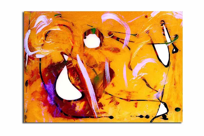 Suurikokoinen canvas-taulu 100x70 cm - Abstrakti sommitelma dynaamisilla muodoilla ja väreillä, Oranssi / Valkoinen / Violetti