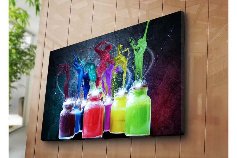 Suurikokoinen canvas-taulu 100x70 cm - Dynaaminen sommitelma värikkäillä tanssivilla hahmoilla ja väriräjähdyksillä - Sininen / Vihreä / Punainen - Sisustustuotteet - Taulu & taide - Canvas-taulu