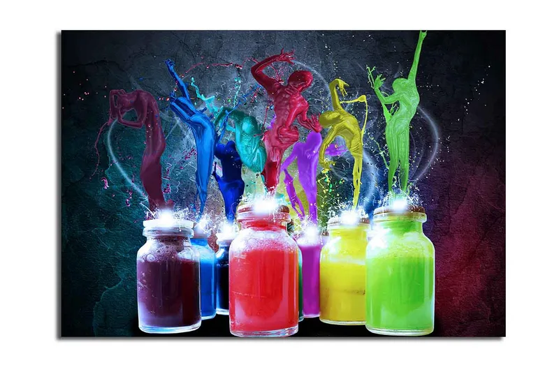 Suurikokoinen canvas-taulu 100x70 cm - Dynaaminen sommitelma värikkäillä tanssivilla hahmoilla ja väriräjähdyksillä, Sininen / Vihreä / Punainen