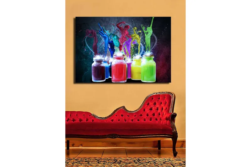 Suurikokoinen canvas-taulu 100x70 cm - Dynaaminen sommitelma värikkäillä tanssivilla hahmoilla ja väriräjähdyksillä - Sininen / Vihreä / Punainen - Sisustustuotteet - Taulu & taide - Canvas-taulu