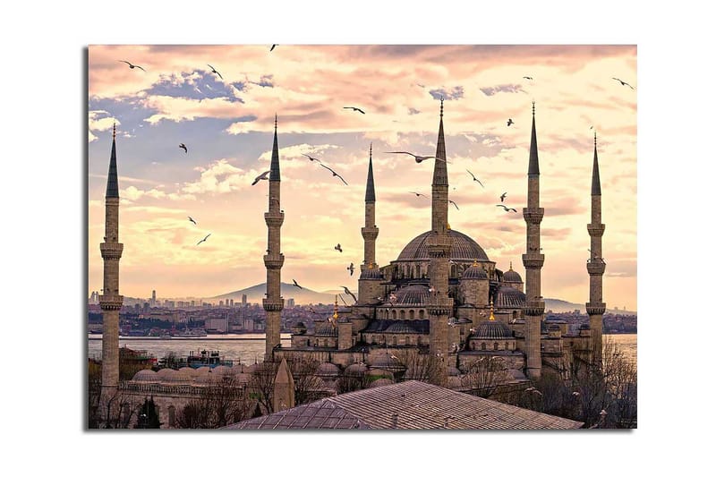 Suurikokoinen canvas-taulu 100x70 cm - Upea moskeija useilla minareeteilla auringonlaskun valossa - Harmaa / Beige / Sininen - Sisustustuotteet - Taulu & taide - Canvas-taulu