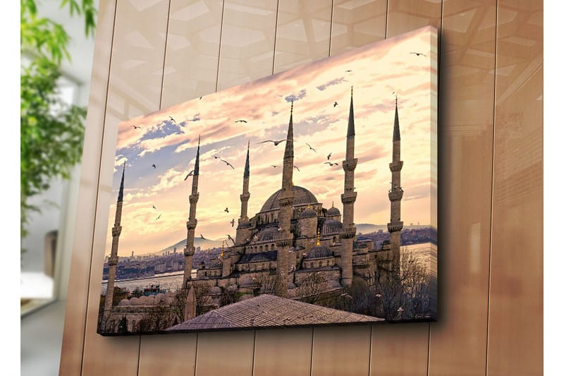 Suurikokoinen canvas-taulu 100x70 cm - Upea moskeija useilla minareeteilla auringonlaskun valossa - Harmaa / Beige / Sininen - Sisustustuotteet - Taulu & taide - Canvas-taulu