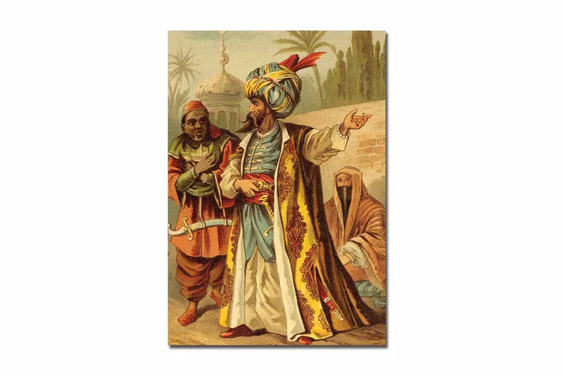 Suurikokoinen canvas-taulu 70x100 cm - Värikäs näkymä kolmesta perinnevaatteissa olevasta miehestä vuorovaikutuksessa aavikkoympäristössä, Kulta / Punainen / Vihreä