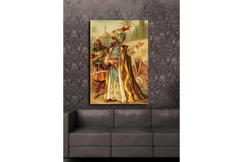 Suurikokoinen canvas-taulu 70x100 cm - Värikäs näkymä kolmesta perinnevaatteissa olevasta miehestä vuorovaikutuksessa aavikkoympäristössä - Kulta / Punainen / Vihreä - Sisustustuotteet - Taulu & taide - Canvas-taulu