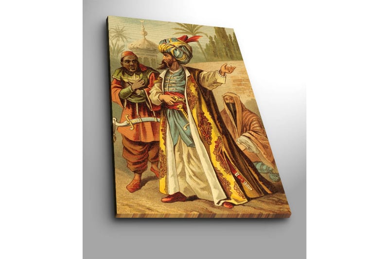 Suurikokoinen canvas-taulu 70x100 cm - Värikäs näkymä kolmesta perinnevaatteissa olevasta miehestä vuorovaikutuksessa aavikkoympäristössä - Kulta / Punainen / Vihreä - Sisustustuotteet - Taulu & taide - Canvas-taulu
