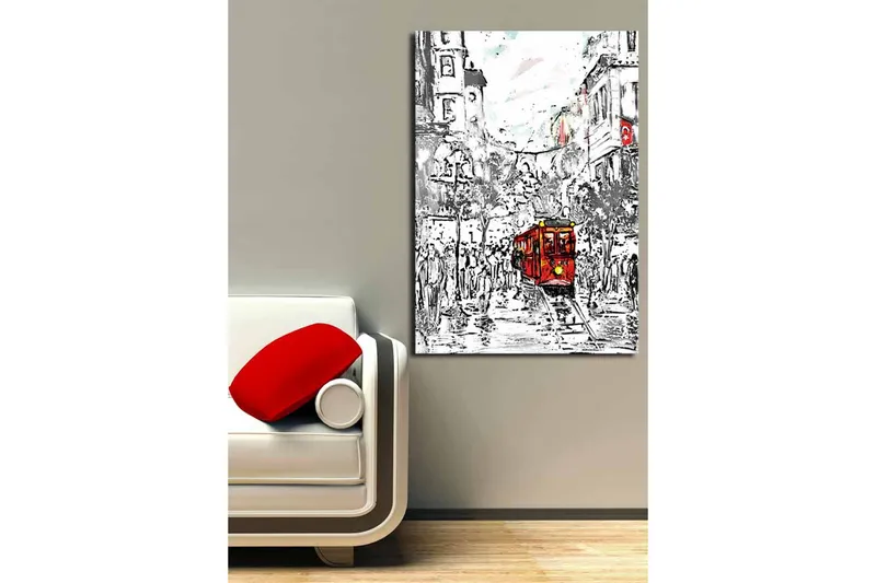 Suurikokoinen canvas-taulu 70x100 cm - Punainen raitiovaunu vilkkaassa kaupunkikuvassa - Punainen / Musta / Harmaa - Sisustustuotteet - Taulu & taide - Canvas-taulu