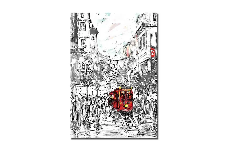 Suurikokoinen canvas-taulu 70x100 cm - Punainen raitiovaunu vilkkaassa kaupunkikuvassa - Punainen / Musta / Harmaa - Sisustustuotteet - Taulu & taide - Canvas-taulu