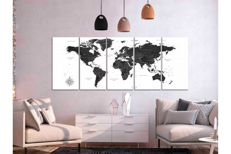 Taulu Black And White Map 5 Parts Narrow 225x90 - Artgeist sp. z o. o. - Sisustustuotteet - Taulu & taide - Canvas-taulu