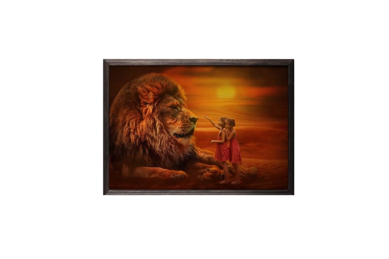 Girls Looking At Lion Kuva Orange - 70x50 cm - Sisustustuotteet - Taulu & taide - Juliste - Eläin juliste