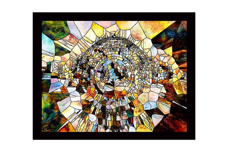 Kehyksiin kehystetty puukangas - 41x56 cm - Abstrakti sommitelma pyöreillä muodoilla ja mosaiikkimaisella rakenteella, Kulta / Ruskea / Sininen