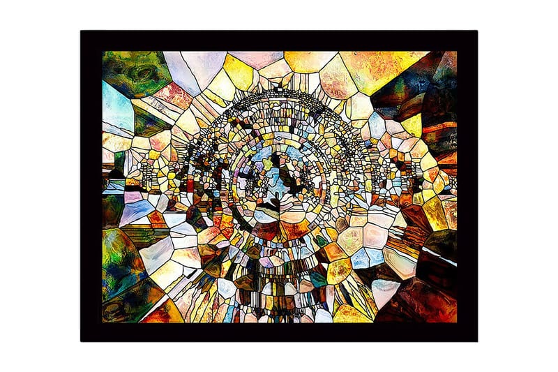 Kehyksiin kehystetty puukangas - 41x56 cm - Abstrakti sommitelma pyöreillä muodoilla ja mosaiikkimaisella rakenteella, Kulta / Ruskea / Sininen