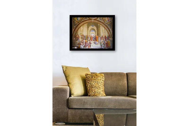 Kehyksiin ripustettu puukangas - 41x56 cm - Filosofinen kokoelma ajattelijoita suuressa arkkitehtonisessa ympäristössä - Sininen / Beige / Punainen - Sisustustuotteet - Taulu & taide