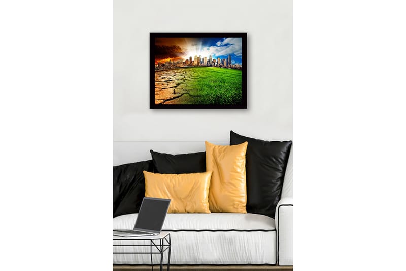 Kehyksiin ripustettu puukangas - 41x56 cm - Kontrasti kuivan maan ja rehevän kaupunkiympäristön välillä - Vihreä / Ruskea / Oranssi - Sisustustuotteet - Taulu & taide