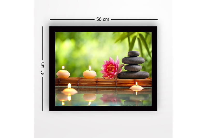 Kehyksiin ripustettu puukangas - 41x56 cm - Harmoninen sommitelma kivillä, kynttilöillä ja lootuskukalla - Vaaleanpunainen / Musta / Beige - Sisustustuotteet - Taulu & taide