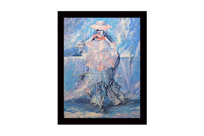 Kehyksiin ripustettu puucanvas - 41x56 cm - Nainen aurinkovarjon kanssa unenomaisessa, sinisessä ympäristössä, Sininen / Vaaleanpunainen / Valkoinen