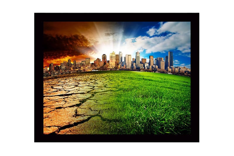 Kehyksiin ripustettu puukangas - 41x56 cm - Kontrasti kuivan maan ja rehevän kaupunkiympäristön välillä, Vihreä / Ruskea / Oranssi