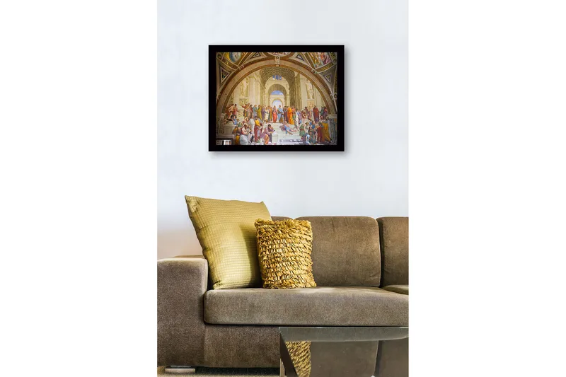 Kehyksiin ripustettu puukangas - 41x56 cm - Filosofinen kokoelma ajattelijoita suuressa arkkitehtonisessa ympäristössä - Sininen / Beige / Punainen - Sisustustuotteet - Taulu & taide