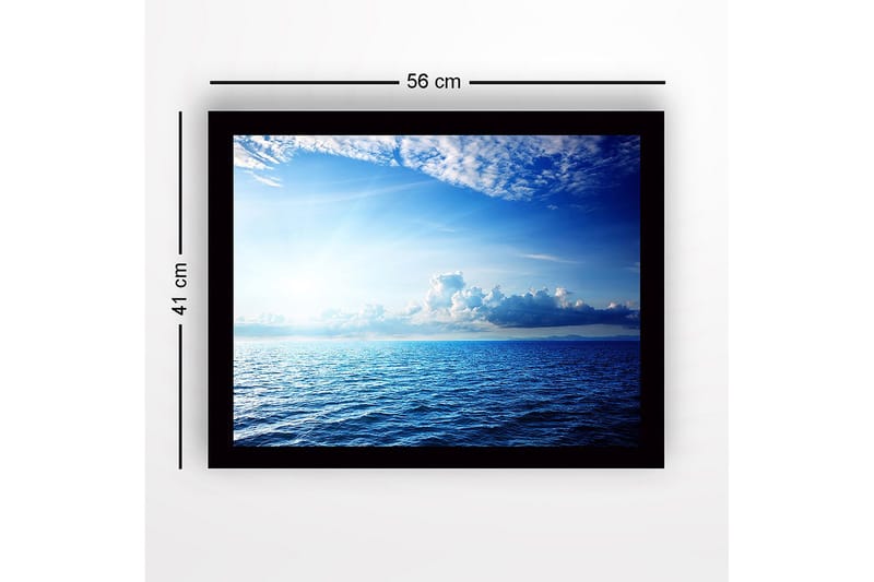 Kehyksiin ripustettu puukangas - 41x56 cm - Upea merinäköala kirkkailla pilvillä ja auringonsäteillä - Sininen / Vaaleansininen / Valkoinen - Sisustustuotteet - Taulu & taide