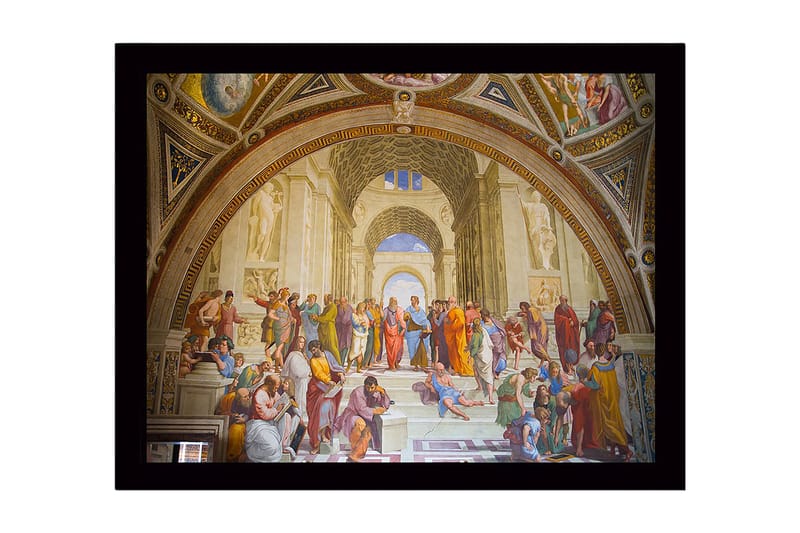 Kehyksiin ripustettu puukangas - 41x56 cm - Filosofinen kokoelma ajattelijoita suuressa arkkitehtonisessa ympäristössä, Sininen / Beige / Punainen