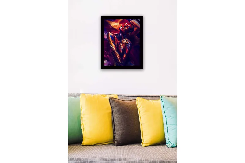 Kehystetty puucanvas - 41x56 cm - Värikäs muotokuva alastonmallista abstraktilla vartalomaalauksella - Tummanpunainen / Sininen / Kulta - Sisustustuotteet - Taulu & taide