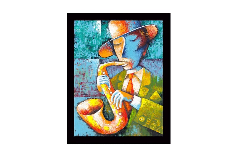 Kehystetty puutaulu canvasille - 41x56 cm - Muusikko soittaa saksofonia värikkäällä ja ilmeikkäällä tyylillä, Keltainen / Vihreä / Sininen