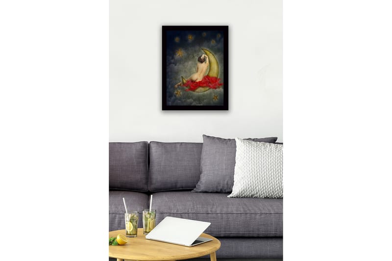 Kehystetty puutaulu canvas-taululla - 41x56 cm - Alaston nainen lepää kuunsirpin päällä tähtien ympäröimänä - Kulta / Punainen / Harmaa - Sisustustuotteet - Taulu & taide