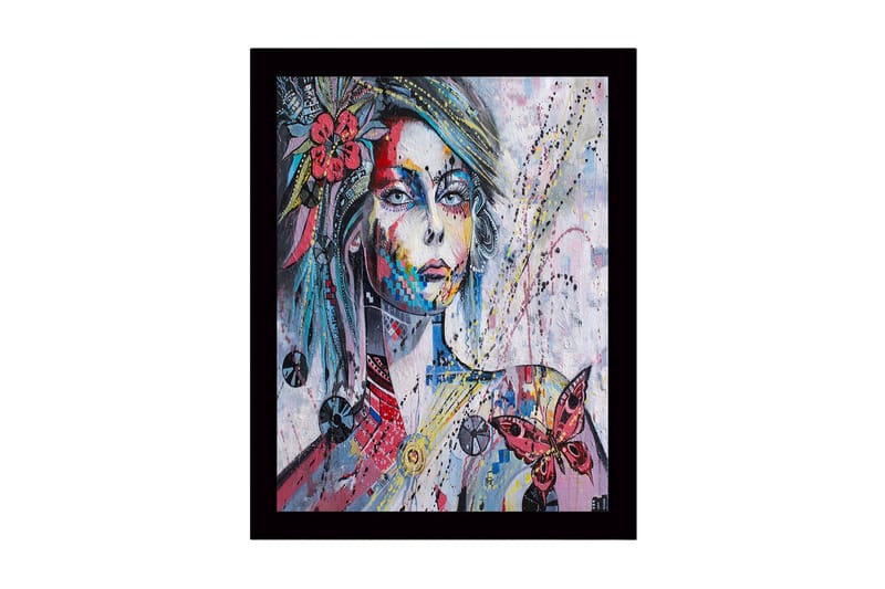 Kehystetty puutaulu - 41x56 cm - Naisen muotokuva värikkäillä yksityiskohdilla ja perhosella, Vaaleanpunainen / Sininen / Keltainen