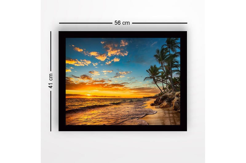 Kehystetty puutaulu canvasille - 41x56 cm - Auringonlasku rannalla palmujen ja aaltojen keskellä - Oranssi / Sininen / Vihreä - Sisustustuotteet - Taulu & taide