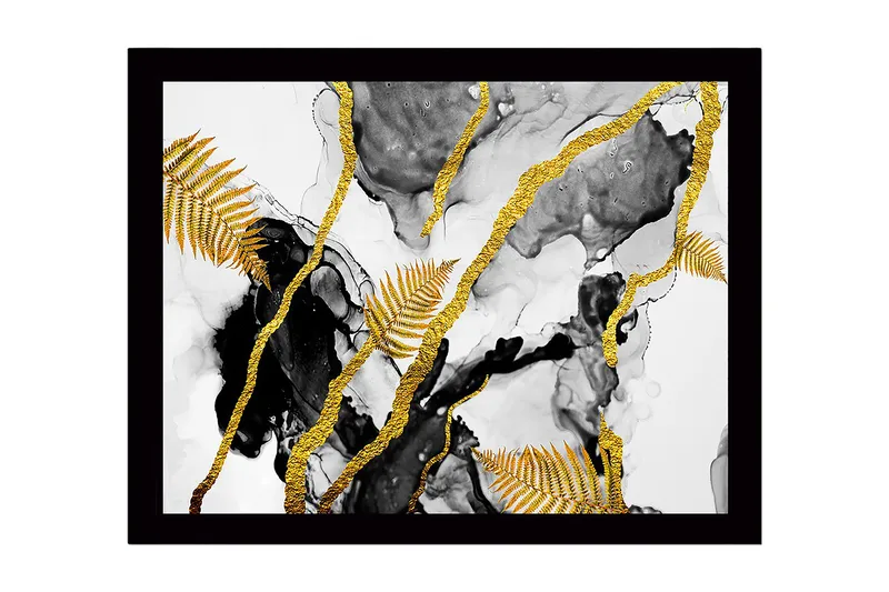 Kehystetty puukangas - 41x56 cm - Abstrakti sommitelma kultaisilla saniaisilla ja mustilla elementeillä, Kulta / Musta / Harmaa