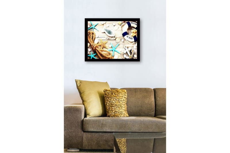Kehystetty puutaulu canvasille - 41x56 cm - Merellinen rauha simpukoiden, tähtien ja pelastusrenkaan kera - Sininen / Beige / Oranssi - Sisustustuotteet - Taulu & taide