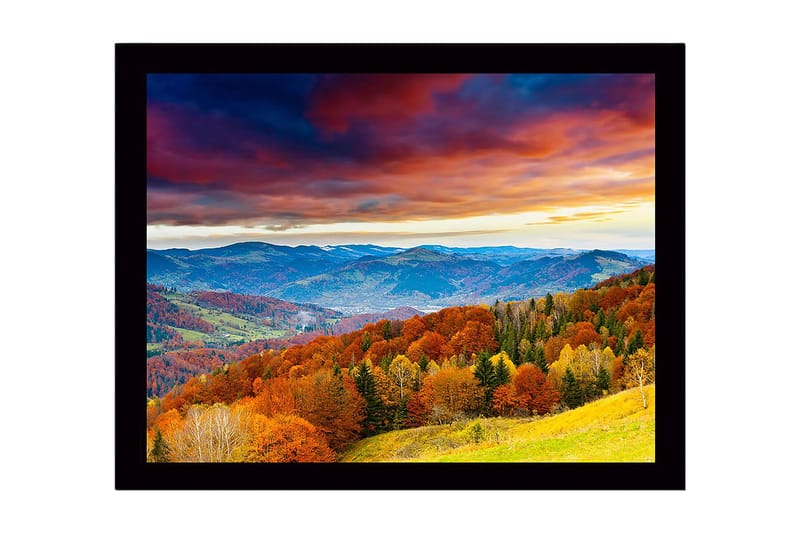 Kehystetty puutaulu canvasille - 41x56 cm - Kaunis syysmaisema värikkäillä puilla ja kaukaisilla vuorilla, Oranssi / Vihreä / Sininen