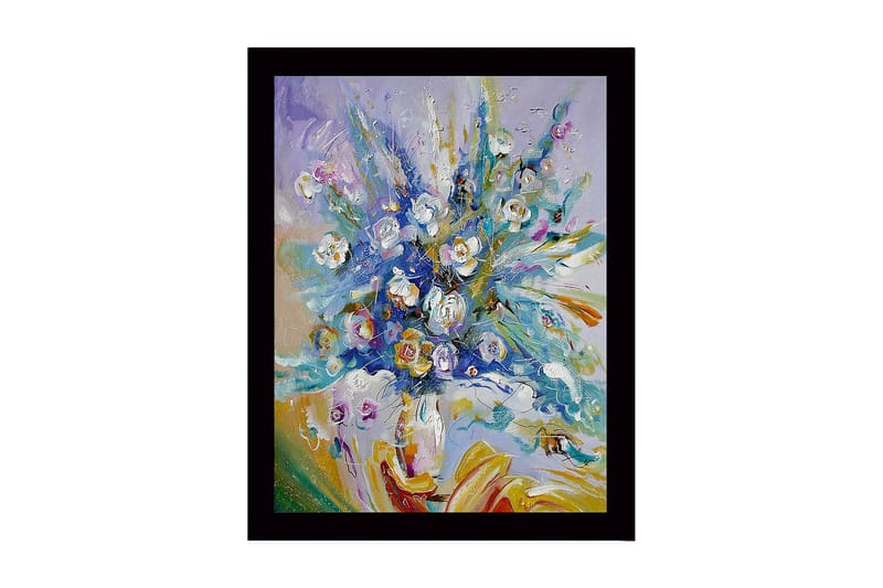 Kehystetty puutaulu canvasille - 41x56 cm - Värikäs kukkakimppu kirkkaissa sävyissä, Sininen / Valkoinen / Vihreä