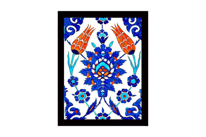 Kehystetty puutaulu canvasille - 41x56 cm - Värikäs kukka-asetelma tyylitellyillä kukilla ja lehdillä, Sininen / Punainen / Vihreä