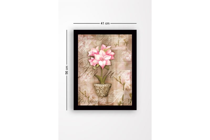 Kehystetty puutaulu canvasille - 41x56 cm - Vaaleanpunainen kukka ruukussa pehmeillä taustasävyillä - Vaaleanpunainen / Beige / Vihreä - Sisustustuotteet - Taulu & taide