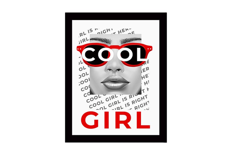 Kehystetty puinen canvas-taulu - 41x56 cm - Muotokuva naisesta upeissa aurinkolaseissa, Punainen / Musta / Valkoinen