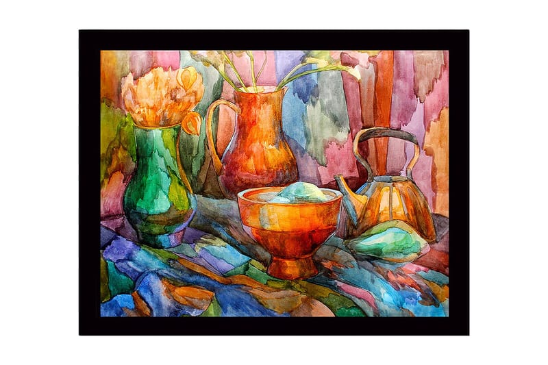 Kehystetty puutaulu canvasille - 41x56 cm - Hiljaisuus värikkäillä astioilla ja kukilla, Vihreä / Oranssi / Sininen