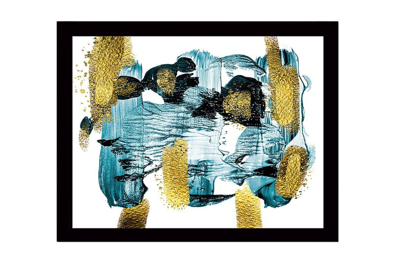 Kehystetty puukangas - 41x56 cm - Abstrakti sommitelma turkoosilla ja kultaisilla elementeillä, Turkoosi / Kulta